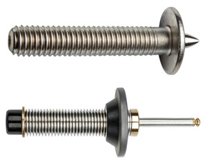 Two different metal threaded fasteners for industrial use on a transparent background