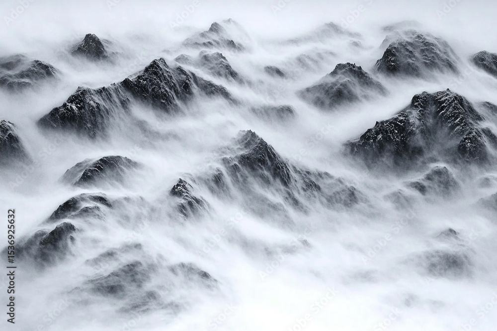 Poster fog envelops ocean waves at dawn creating a mystical atmosphere