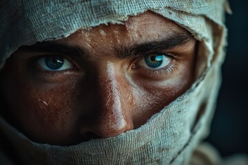 Close-up portrait, intense gaze, wrapped face