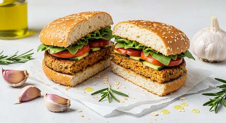 Delicious Vegan Burger Halved with Fresh Vegetables and Sesame Seeds
