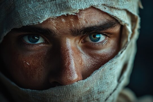 Close-up portrait, intense gaze, wrapped face - Powered by Adobe