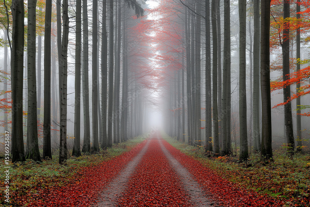 Poster foggy autumn path lined with trees and strewn with colorful leaves