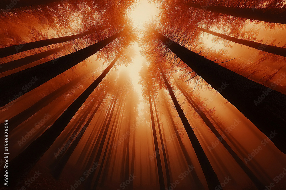 Aufkleber fog envelops tall autumn trees in mysterious forest setting