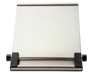 Adjustable metal stand for holding documents or devices on a transparent background