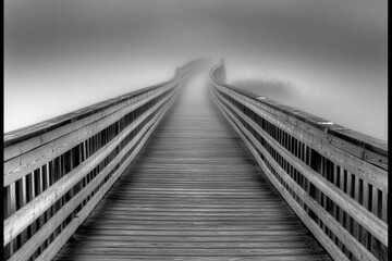 Fototapeta premium Mysterious boardwalk disappearing into the fog at dawn