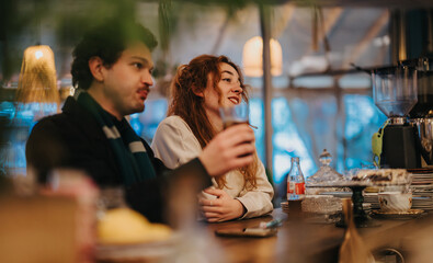 Two friends enjoying a relaxed atmosphere, chatting, and sipping beverages in a warm, inviting bar environment with ambient lighting and decor.