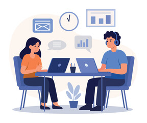 Modern vector illustration showing two office workers at a desk with laptops, surrounded by graphs and email icons