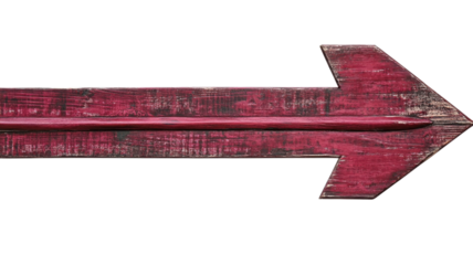 Rustic red wooden arrow pointing right, exuding charm and character, perfect for guiding wanderers along a scenic path or inviting them into an artistic space.