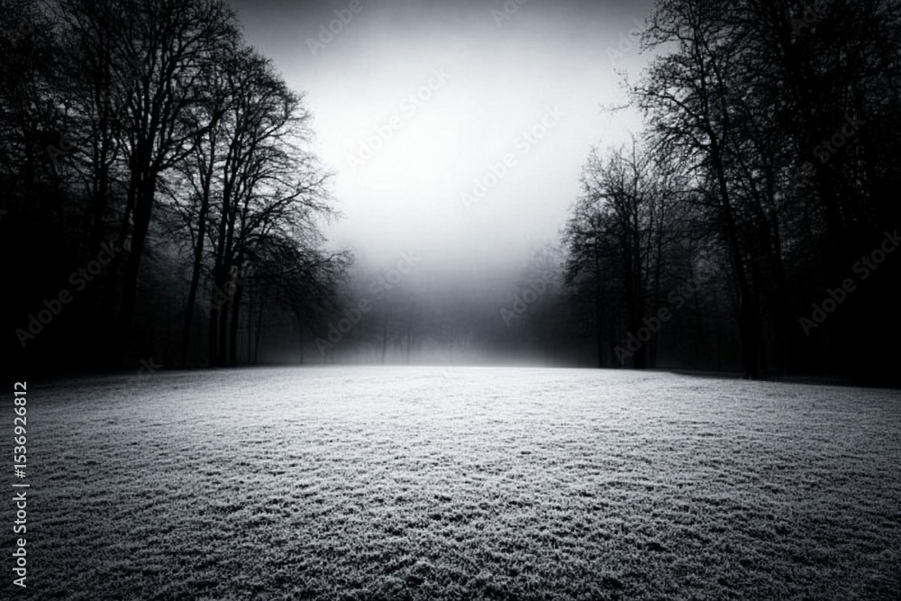 Poster fog blankets open field surrounded by trees at dawn