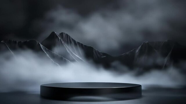 Dark mountain landscape with fog and a black podium. Product display stage with mysterious atmosphere, video footage.