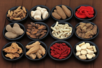 Various Traditional Chinese Herbal Medicine Ingredients Displayed as Background Concept