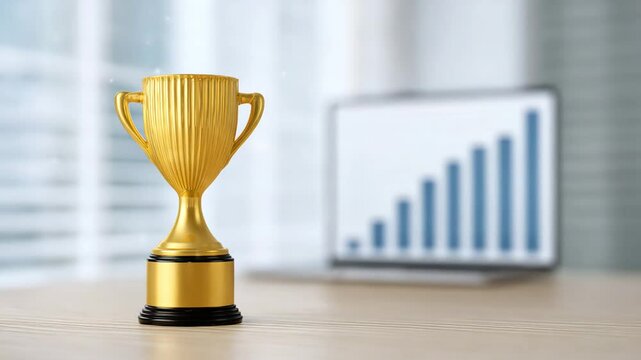 Victory Symbol: A gleaming golden trophy sits proudly on a table, its presence a clear indication of achievement. Behind it, a blurred image of a growth chart signifies advancement and success.