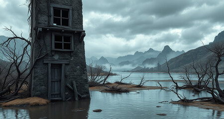post apocalyptic landscape a solitary watchtower amidst a submerged valley desolate ruins eerie atmosphere dramatic skies overgrown vegetation survival scenario dystopian setting abandoned structures 