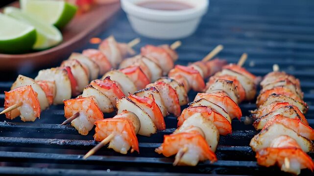 Several rows of fresh shrimp and scallop skewers are barbecued on a hot, smoking grill. This closeup static shot captures the seafood cooking, with a dipping sauce and limes visible in the background.