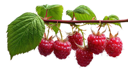  Branch of ripe raspberries hanging on transparent background