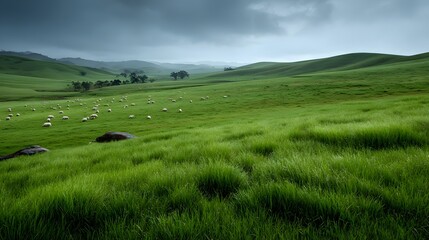 Obraz premium Wide angle view of green pastureland after rainfall saturated grass shimmering under soft light scattered sheep grazing thick sky cover still lingering distance white background cut out isolated