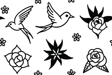 Naklejka premium Seamless vector art illustration of decorative nature pattern with a set of birds, flowers, and leaves