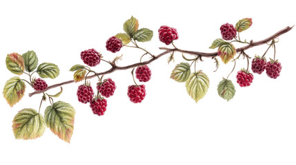  Branch of ripe raspberries hanging on transparent background