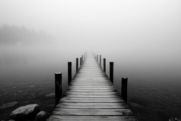 Obraz premium Fog shrouded pier extends into tranquil waters at dawn