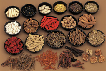 Various Traditional Chinese Herbal Medicine Ingredients Displayed as Background Concept