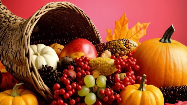 Festive autumn harvest cornucopia with pumpkins, fruits, nuts, and fall foliage in a traditional wicker horn of plenty