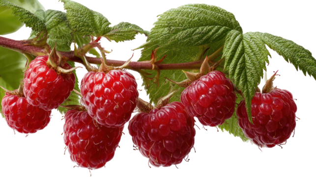  Branch of ripe raspberries hanging on transparent background