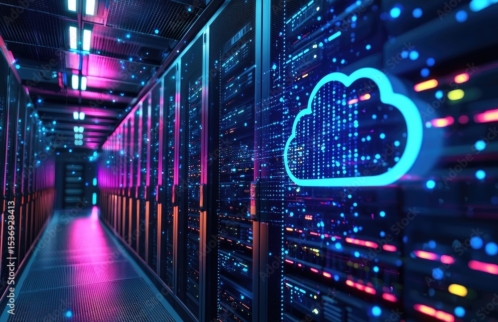 Poster futuristic data center hallway with glowing cloud icon, digital particles, and colorful led server l