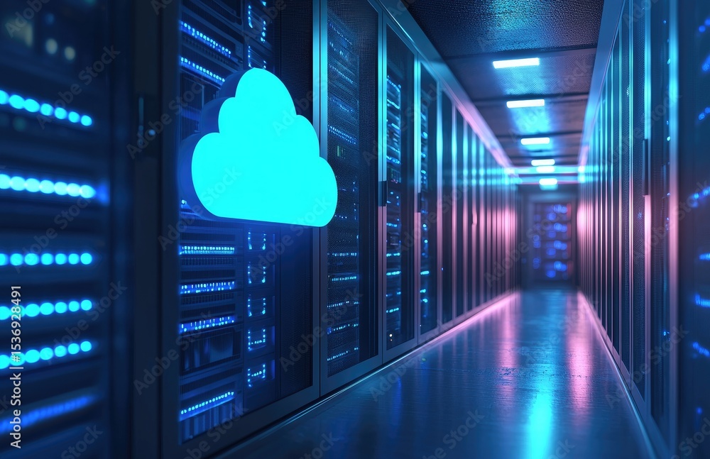 Aufkleber High-tech hallway in a glowing data center with cloud icon and illuminated server racks, suitable for cloud computing, IT infrastructure, and digital service concepts