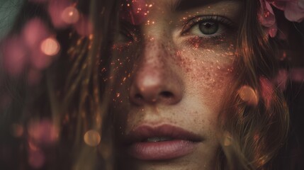 Mystical female portrait with glowing skin tones and cosmic flower projections, petals resting in soft cascading hair, shallow depth of field enhancing the magical mood