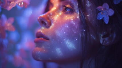Mystical female portrait with glowing skin tones and cosmic flower projections, petals resting in soft cascading hair, shallow depth of field enhancing the magical mood