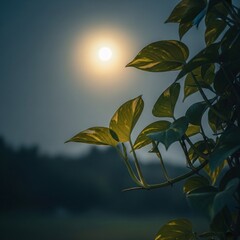 Glowing Green Foliage in Dark Night Sky