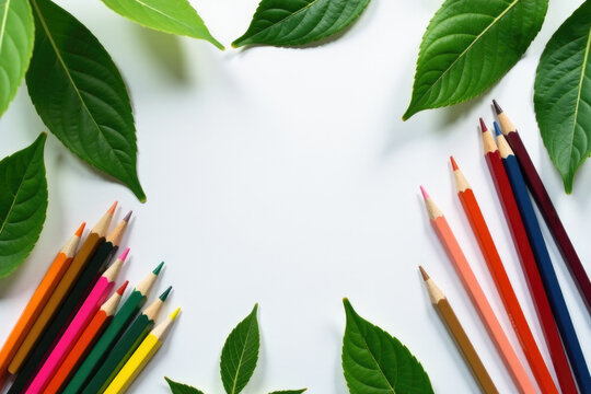 A collection of colorful pencils arranged on a clean white surface, ideal for illustrations and creative projects