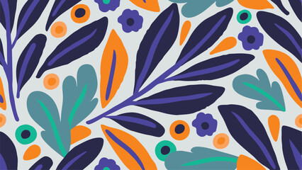 Aesthetic botanical pattern featuring leaves, flowers, and circular shapes in a playful arrangement