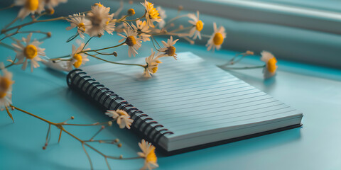 Naklejka premium Spiral bound notebook on blue surface surrounded by delicate white and yellow flowers with soft natural light