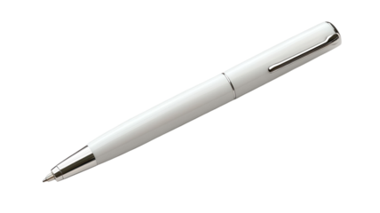 Elegant white pen resting on a smooth surface, reflecting light in a minimalistic workspace that evokes creativity during a productive writing session.
