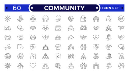 Community Outline icon set. Containing people, friendship, social, diversity, village, relationships, support and community development icons. People, social, group, human, team, population.