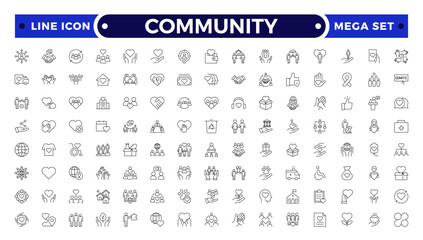 Community Outline icon set. Containing people, friendship, social, diversity, village, relationships, support and community development icons. People, social, group, human, team, population.