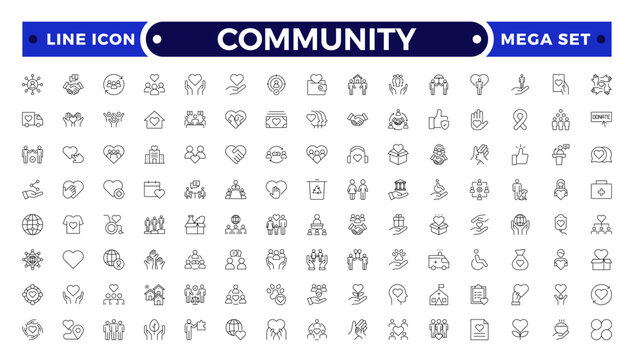 Community Outline icon set. Containing people, friendship, social, diversity, village, relationships, support and community development icons. People, social, group, human, team, population.