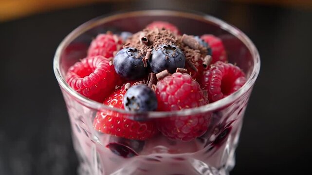 Delicious Berry Delight Dessert In Glass With Chocolate Garnishing