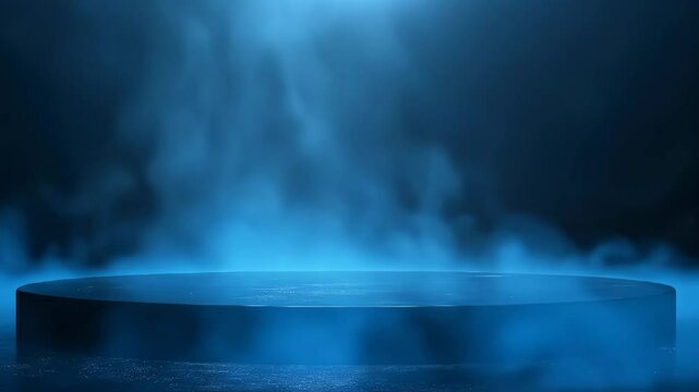 Empty black round stage or product podium with rising mystical blue smoke around it. Dark concrete platform in spotlight, realistic 3d footage.