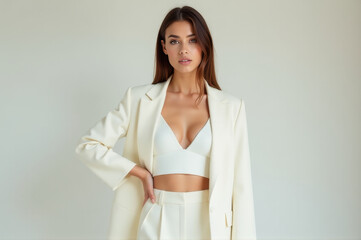 A woman posing for a photo wearing a white outfit, suitable for various uses such as advertising, editorial, or personal projects