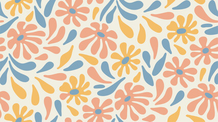 Floral pattern with peach and yellow flowers and blue leaves on a white background in a seamless repeat design