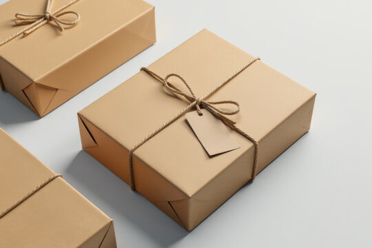 A group of brown boxes tied up with string