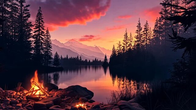 Lakeside wilderness with glowing campfire and vivid pink-orange sunset sky reflecting on water between forest and mountains. Adventure camping concept