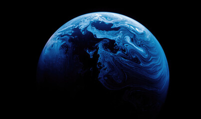 Cosmic Equine Energy: Abstract Commercial Background with Sci-Fi Blue Planet and Galloping Horse. Digital Art Featuring Luminous Swirling Lines and Oceanic Sphere. Futuristic Tech-Inspired Design for 