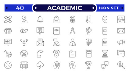 Academic Outline icons of education, studying and science. Includes human brain, fields of study, graduation, school, university and knowledge. Designed for web, mobile, promo materials.