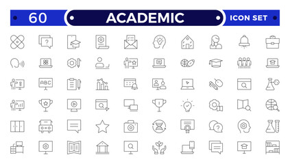 Academic Outline icons of education, studying and science. Includes human brain, fields of study, graduation, school, university and knowledge. Designed for web, mobile, promo materials.