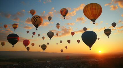 Obraz premium Hot air balloons over a vast landscape at sunrise
