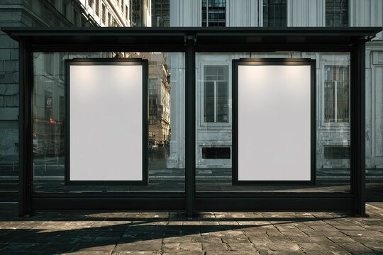 Outdoor bus stop with two blank posters under a dark metal roof