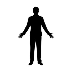 Silhouette of a man in a suit standing with arms outstretched against white background